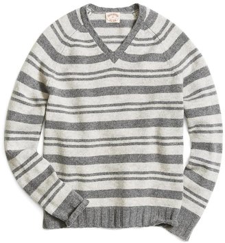 Brooks Brothers Lambswool Striped Raglan Sleeve V-Neck Sweater
