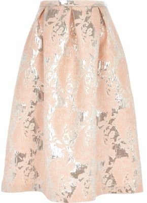 River Island Light pink metallic jacquard midi skirt