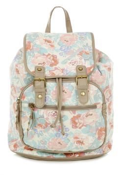 New Look Stone Floral Print Contrast Trim Backpack