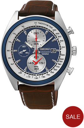 Seiko Chronograph Blue Dial Brown Leather Strap Mens Watch