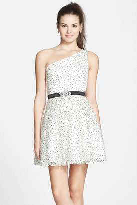 Adrianna Papell Hailey Logan by Polka Dot Print Lace One-Shoulder Fit & Flare Dress (Juniors)