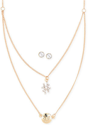 Nine West Gold-Tone Hashtag Smile Double Pendant Necklace and Crystal Stud Earring Set