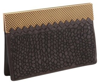 Bottega Veneta ebony leather intrecciato textured overlay goldtone accent clutch