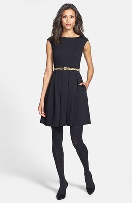 Eliza J Cutout Back Belted Ponte Knit Fit & Flare Dress (Online Only)
