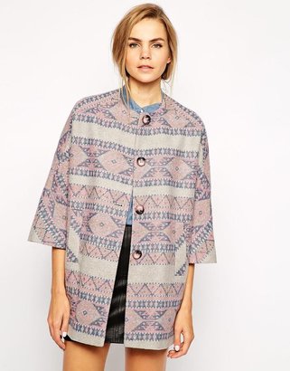 Helene Berman Kimono Coat with Welt Pocket - Pink grey aztec