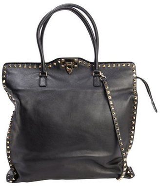 Valentino black leather 'Rockstud' clasp front convertible tote bag