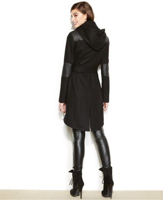BCBGeneration Asymmetrical Faux-Leather-Trim Hooded Walker Coat