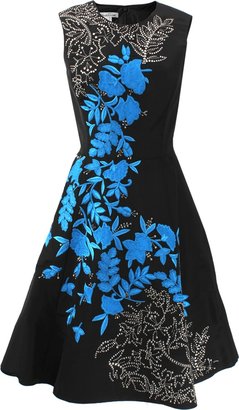 Oscar de la Renta Faille Dress With Blue Embroidery