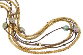 Kala Long African Brass and Leather Strand Necklace with Baroque Pearls and Gold Beads