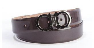 Ferragamo gunmetal grey patent leather gancio buckle classic belt