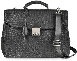 Forzieri Black Woven Leather Business Bag w/Shoulder Strap