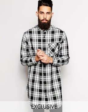 Reclaimed Vintage Extreme Longline Checked Shirt With Grandad Collar - Black