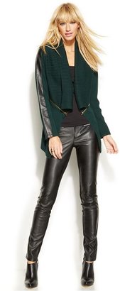 INC International Concepts Petite Faux-Leather-Trim Open-Front Cardigan