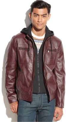 Kenneth Cole Hooded Knit-Bib Faux Leather Jacket