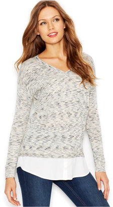Kensie Long-Sleeve V-Neck Printed Mixed-Media Sweater
