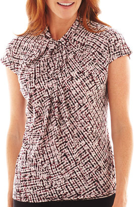 Liz Claiborne Short-Sleeve Knotted Drape-Neck Print Top