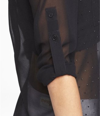 Express Beaded Chiffon Convertible Sleeve Portofino Shirt