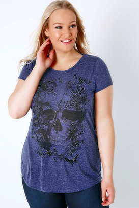 Yours Clothing Blue Glitter Skull Print Textured Jersey Top