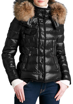 Moncler Short Puffer Jacket with Fur-Trimmed Hood