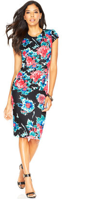 Betsey Johnson Cap-Sleeve Floral-Print Midi Dress