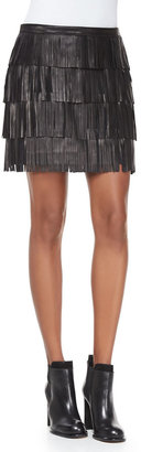 Neiman Marcus Cusp by Lucca Tiered Fringed Leather Miniskirt, Black