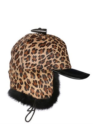 DSquared 1090 Leopard Printed Wool Hat With Lapin Fur