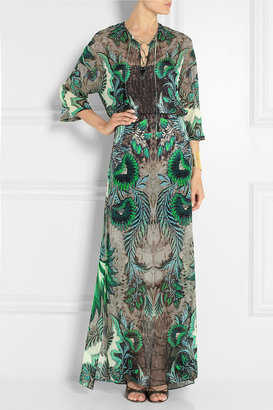 Roberto Cavalli Satin-paneled printed silk-chiffon maxi dress