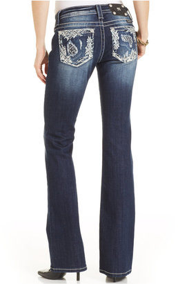 Miss Me Distressed Lace-Inset Bootcut Jeans, Dark Blue Wash