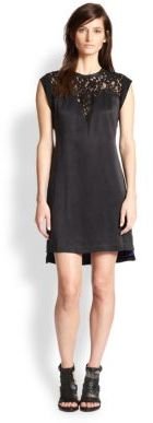 Rebecca Taylor Faux Leather-Trimmed Lace-Paneled Satin Dress