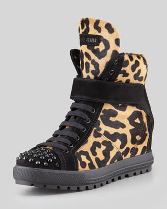 Miu Miu Leopard-Print Calf Hair Wedge Sneaker