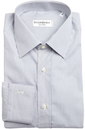 Saint Laurent grey and white mini check cotton point collar dress shirt