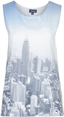 Topshop Sleeveless tank with city scape print on the front. 70% cotton,30% polyester. machine washable.
