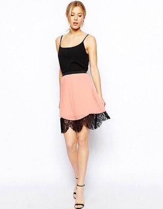 ASOS Pleated Midi Skirt With Lace Hem - Pink