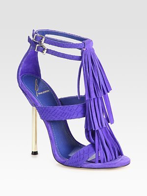Brian Atwood Luciana Snake-Print Leather and Suede Fringe Sandals
