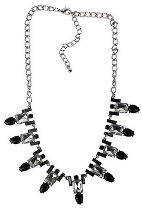 Bib Necklace with Black Stones and Metallic Accents - 18"
