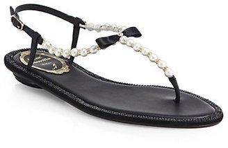 Rene Caovilla Crystal & Faux Pearl Leather Sandals