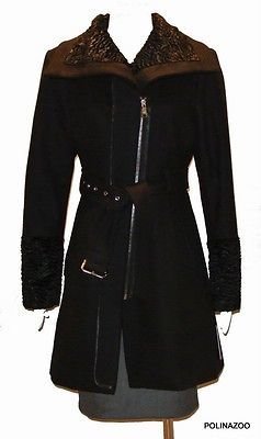 GUESS Wool coat asymmetrical zipper black Faux Fur Trim Belted Coat new