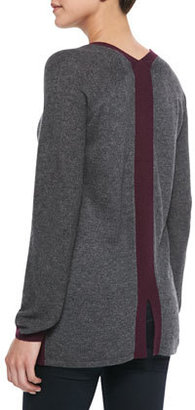 Neiman Marcus Cusp by Contrast Trimmed Cashmere-Blend Sweater, Storm/Bordeaux