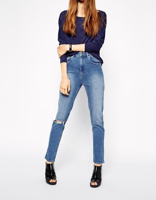 ASOS COLLECTION Farleigh High Waist Slim Mom Jeans In Busted Mid Wash Blue With Ripped Knee