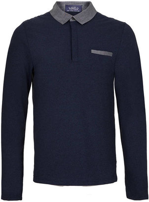 Topman Navy Smart Look Polo Long Sleeve T-Shirt