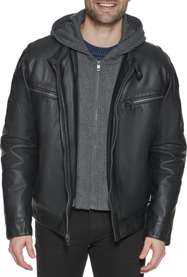 Calvin Klein Men's Lamb Leather Moto Jacket with Hoodie -
