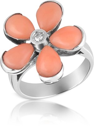 Del Gatto Diamond and Pink Coral Flower 18K Gold Ring
