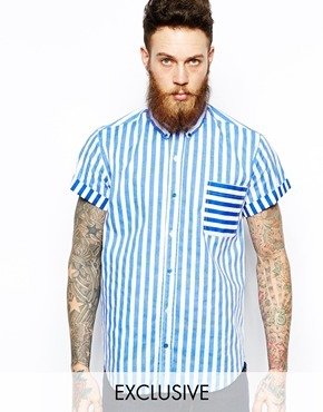 Reclaimed Vintage Short Sleeve Shirt in Stripe - Blue