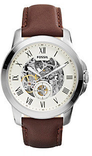 Fossil Men's Grant Stainless Steel Automatic Watch with Silvertone Case and Brown Leather Strap