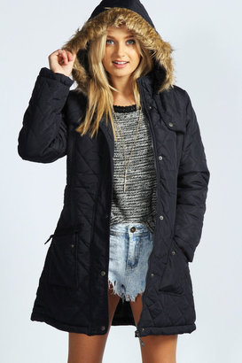 boohoo Grace Quilted Faux Fur Hood Parka