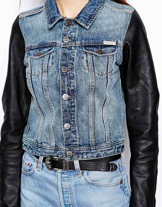 Maison Scotch Denim Jacket With Contrast Leather Sleeves