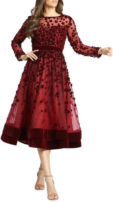 Mac Duggal Long-Sleeve Tea-Length Floral Applique Cocktail Dress
