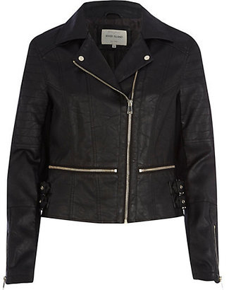 River Island Womens Black leather-look waist zip biker jacket