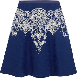 Oscar de la Renta Embroidered cotton and linen-blend skirt