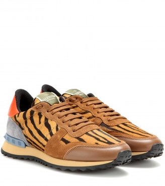 Valentino Rockrunner Suede, Leather And Calf-hair Sneakers